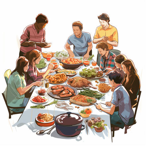 Potluck clipart in the style of Chiaroscuro Art, on a white background