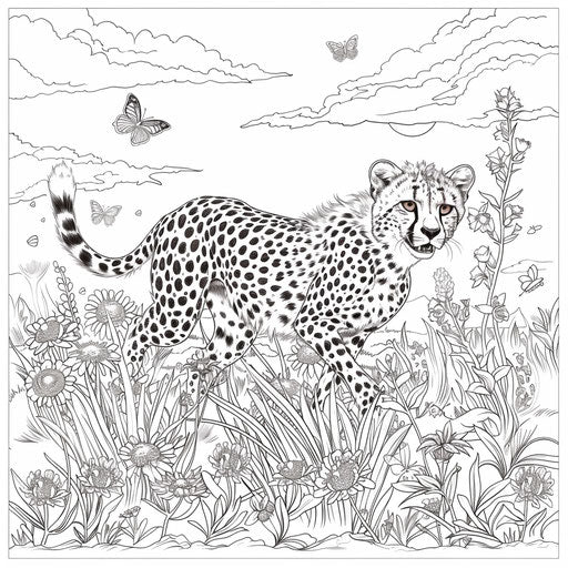 Cheetah running through field of wildflowers with butterflies