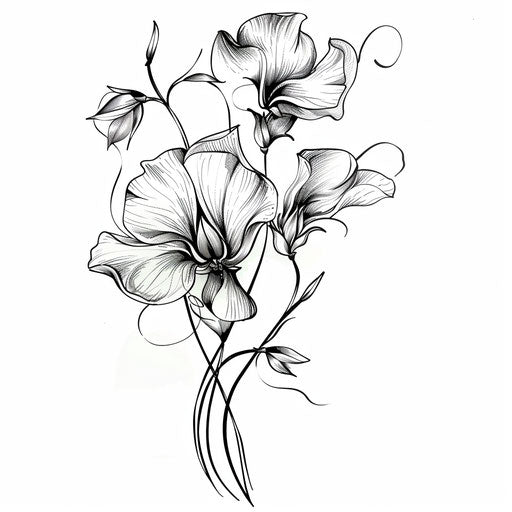 Dynamic tattoo sketch in clipart style featuring a blooming sweet pea