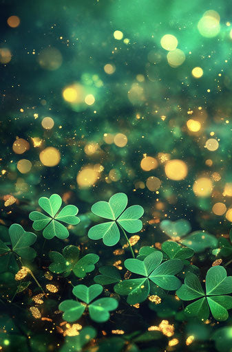Green shamrocks and gold bokeh, digital art with glitter effect