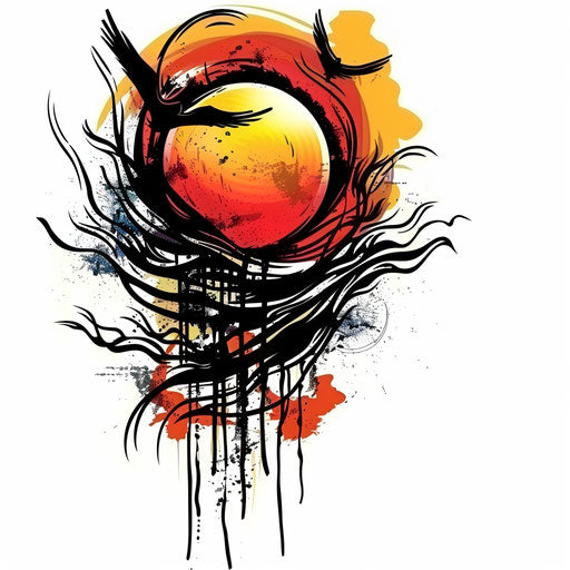 Stylized sunset tattoo with bold, fiery colors and tribal e