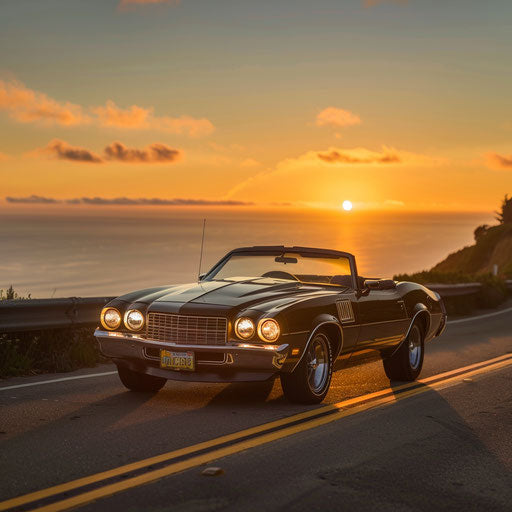 1976 Malibu Classic turned into a sleek roadster, driving along Pacific Coast Highway at sunset.