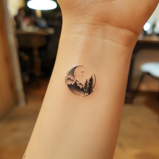 Small wrist tattoos of a moon, Peter Jackson style