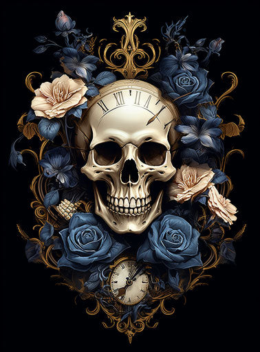 Skulls and flowers in pocket watch, symmetric compositions, ornate, rtx on, monochrome, baroque 47:64