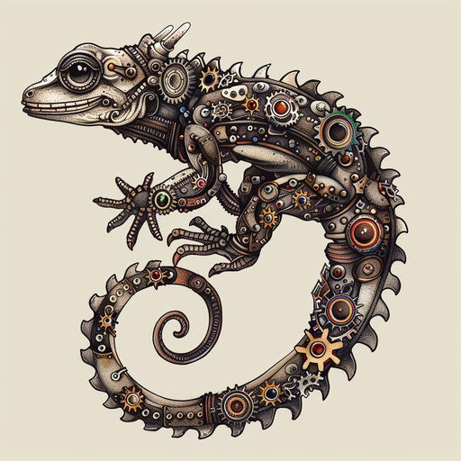 Flat tattoo sketch of a lizard with gears and metallic textures in steampunk clipart style