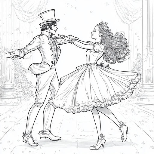 The Nutcracker and Clara dancing, in the style of Mamoru Hosoda, Coloring book page