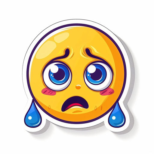 Cute crying emoji, white background, sticker style
