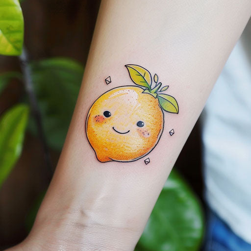 Whimsical flat tattoo sketch of a cartoon lemon with a playful expression