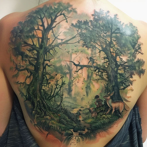 Enchanted forest with curse mark tattoo and mystical creatures
