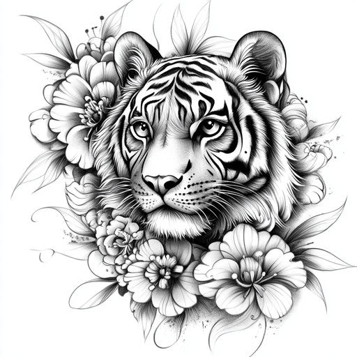 Tiger tattoo on hand with delicate floral embellishments