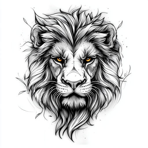 Flat tattoo sketch of thigh with fierce lion head in grayscale on white