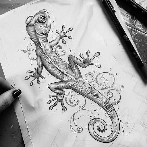 Intricate flat tattoo sketch with a gecko adorned with fine lace-like designs