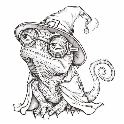 Whimsical chameleon, wizard hat, glasses, casting spell