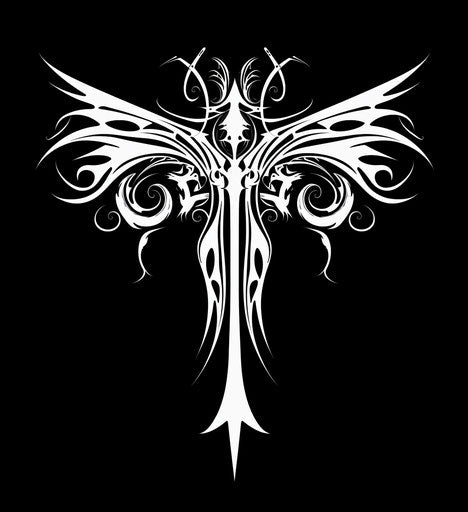 Black and white tribal design with cross wings, algeapunk style, eye-catching, devilcore 43:47