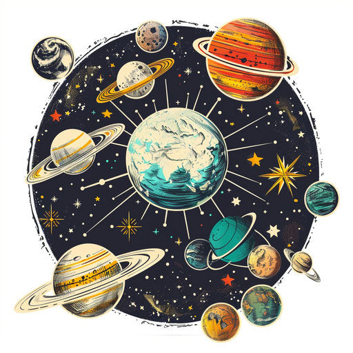 Cosmic map with planets, stars and galaxies