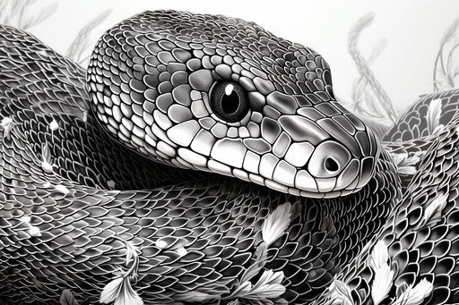 A snake drawn in black and white on white background, net art style, lith printing, strong color contrasts, 3:2 commission