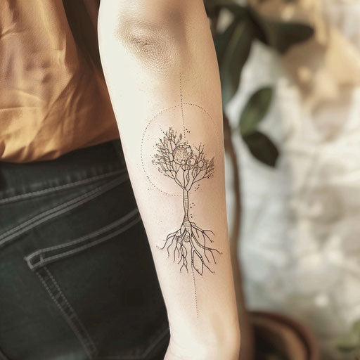 Flat tattoo sketch of a minimalist, single-line root drawing with abstract shapes