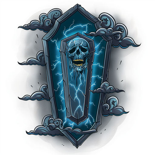 Dramatic coffin sketch with dark clouds and lightning