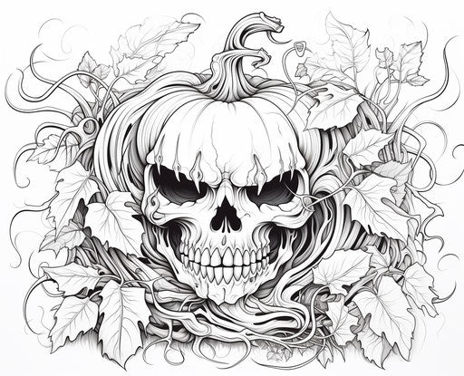 Halloween coloring pages with a jack o lantern, lith printing style, detailed foliage 31:25