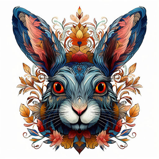 Rabbit with colorful leaves, detailed engraving, bright patterns