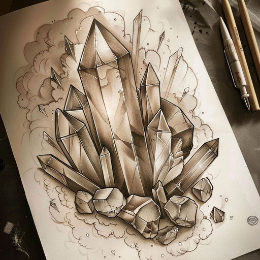 Vintage sketch of smoky quartz crystal in flat tattoo style