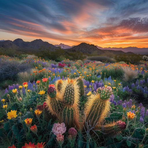 Blooming cactus at sunrise in serene desert