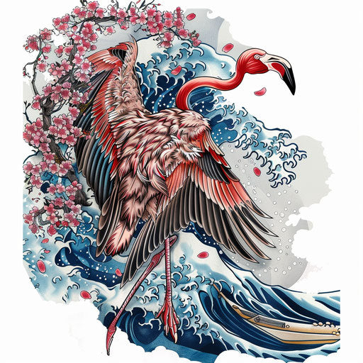 Irezumi flamingo tattoo with waves and cherry blossoms