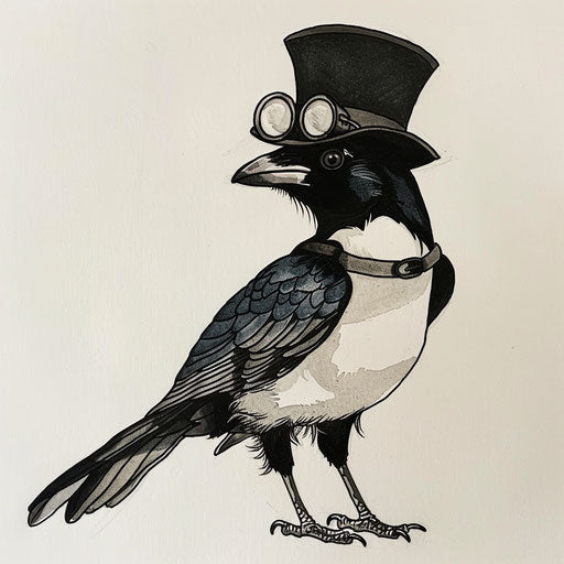Whimsical flat tattoo sketch of a magpie in tiny top hat and monocle