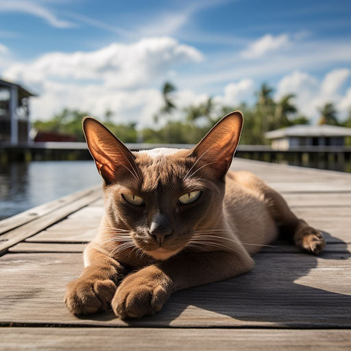 Burmese cat lying on a dock