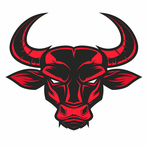 Powerful bull sports logo in red and black on white background