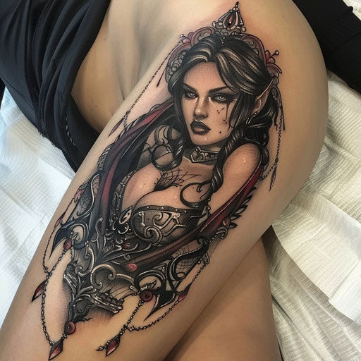Female tattoos with gothic elements, in the style of Gerald Brom