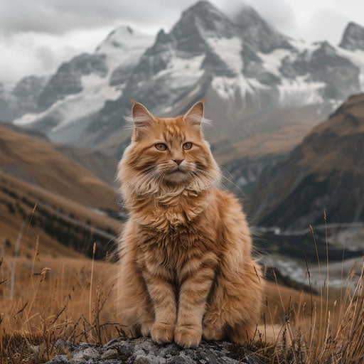 Brown cat sitting in front of mountain scenery