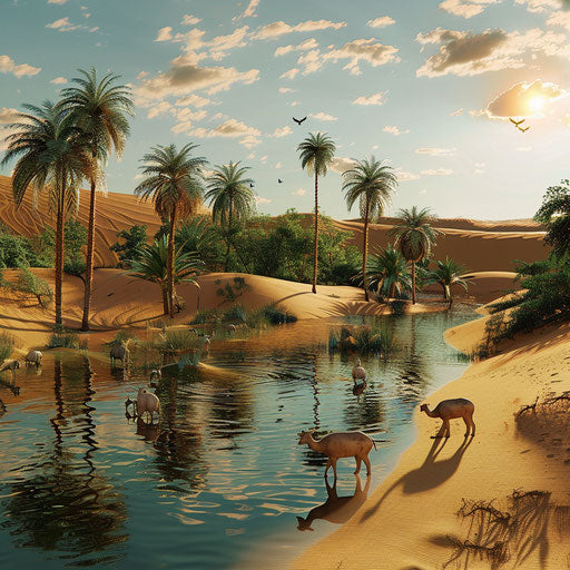 Animals in a desert oasis, a paradise among the dunes