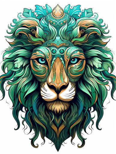 Boho lion on white background, vivid colors, colorful vision