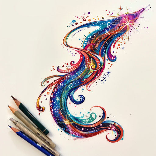 Whimsical tattoo sketch of a comet with a colorful, sparkling tail in glittery tones