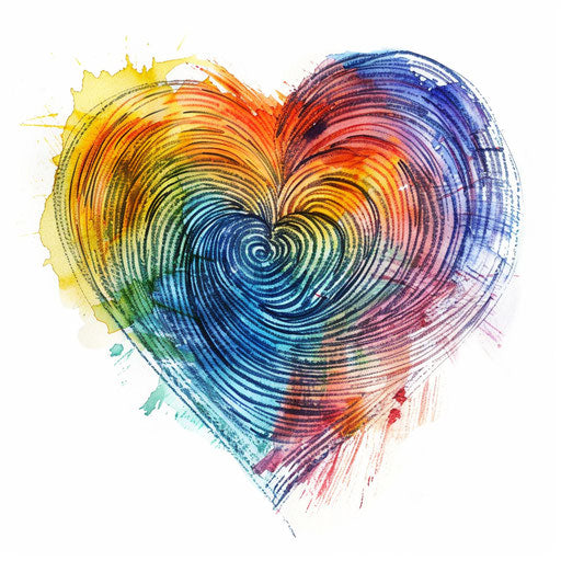 Abstract fingerprint heart tattoo with swirling colors