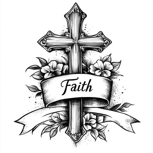 Religious tattoo sketch featuring a cross and banner reading 'Faith'