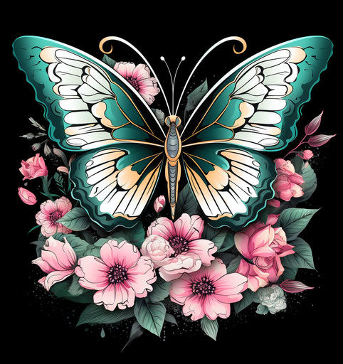 Black and white butterfly with floral design in vector
