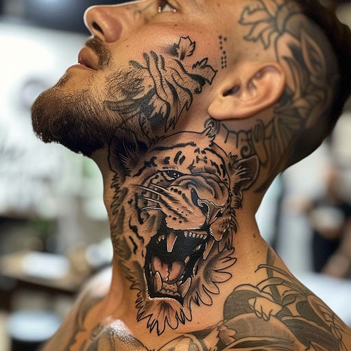 Men's neck tattoo with fierce animal designs