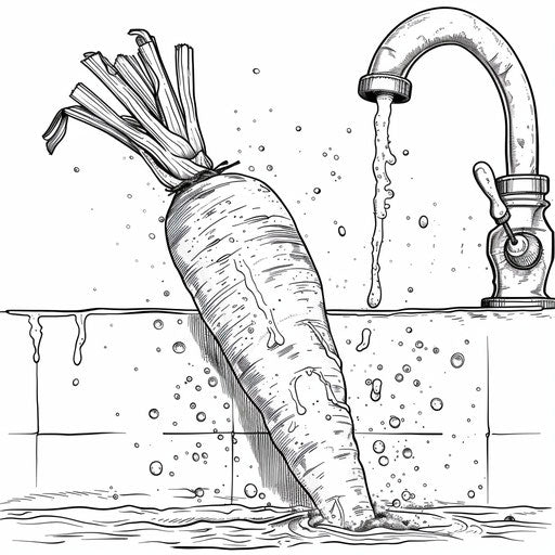 Carrot being washed under faucet. Coloring book page