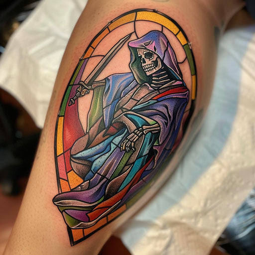 Stained glass style reaper tattoo with vibrant colors