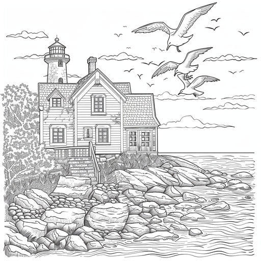 Seaside cottage with lighthouse and flying seagulls. Coloring page