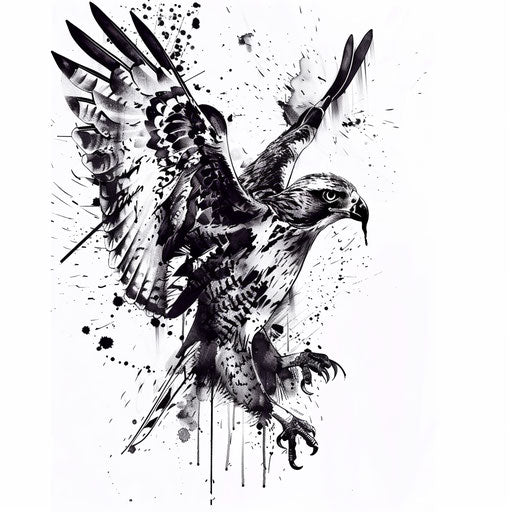 Hawk tattoo in dynamic pose in splash ink art style on white background