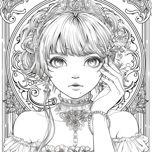 Elegant anime character with art nouveau motifs, coloring book page