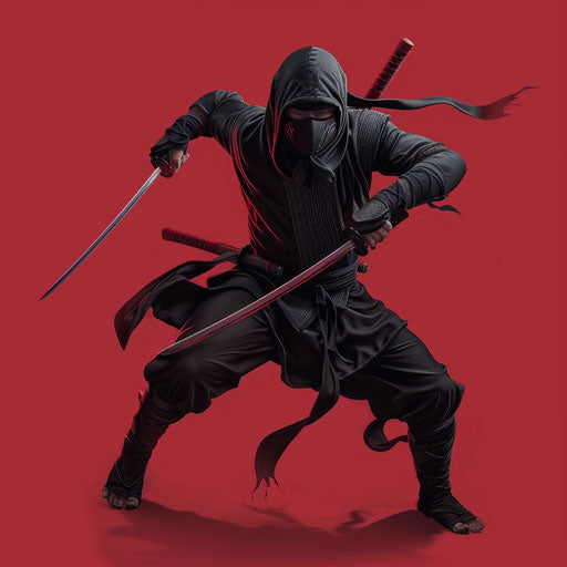 Realistic ninja on a rich burgundy background