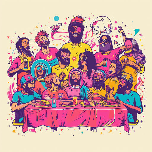 The Last Supper in tattoo style: colorful cartoon