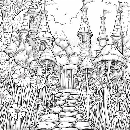 Fantasy scene with magical flowers and tiny fairy homes. Coloring book page