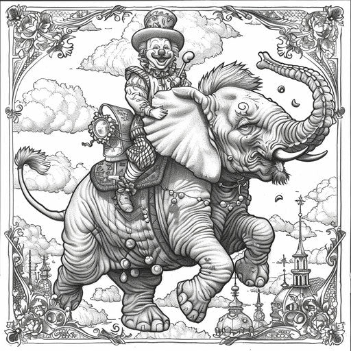 A clown riding an elephant. Detailed coloring book page