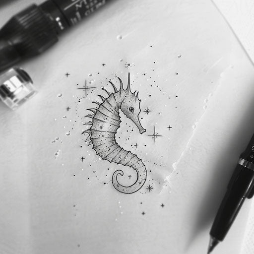 Minimalist black line art tattoo sketch of a seahorse surrounded by stars