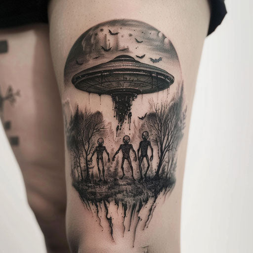 Eerie UFO tattoo with spooky aliens
